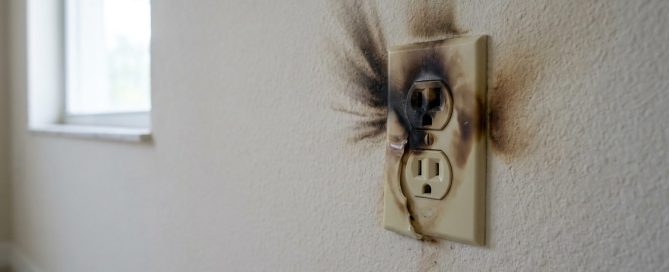 A burnt electrical outlet on a wall with black scorch marks surrounding it, indicating fire damage—one of the common electrical problems Fort Myers residents may encounter; sunlight comes in from a nearby window.